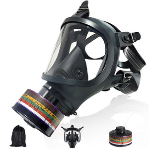 Black full face silicone respirator with multi band A2 B2 E2 K2 P3 canister, carry pouch and filter inset