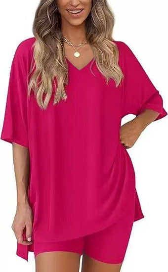 Rose Red milk silk V neck loungewear set, oversized top and matching shorts, size XL