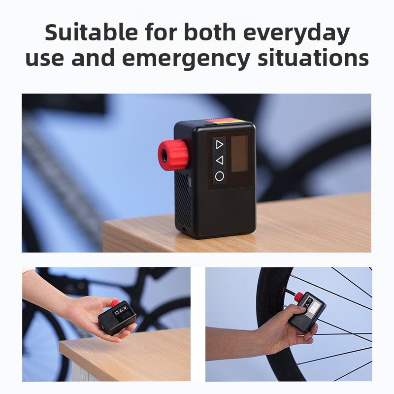 Black electric air pump on a wooden table and in a hand beside a bicycle wheel, for everyday and emergency use