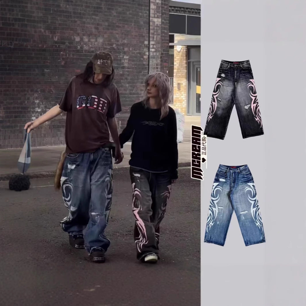 Retro Printed Wide-Leg Denim Pants