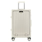 Cream front opening suitcase seen face on, moulded front lid outline and trolley handle up
