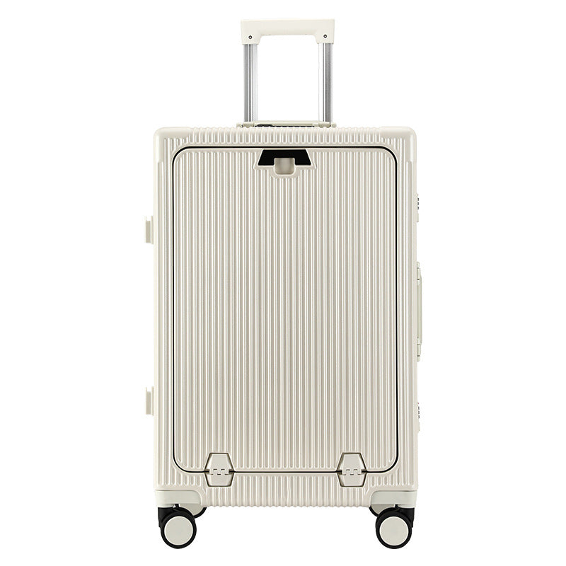 Cream front opening suitcase seen face on, moulded front lid outline and trolley handle up