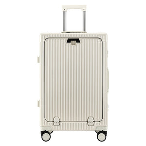 Cream front opening suitcase seen face on, moulded front lid outline and trolley handle up