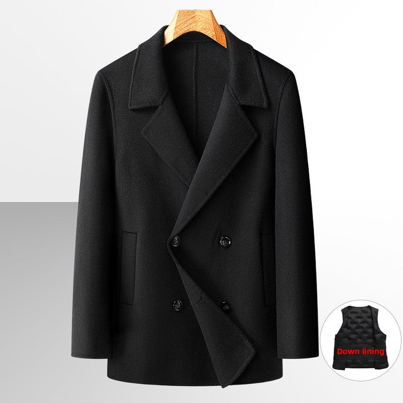 Black double breasted wool overcoat with the removable down vest liner shown in an inset