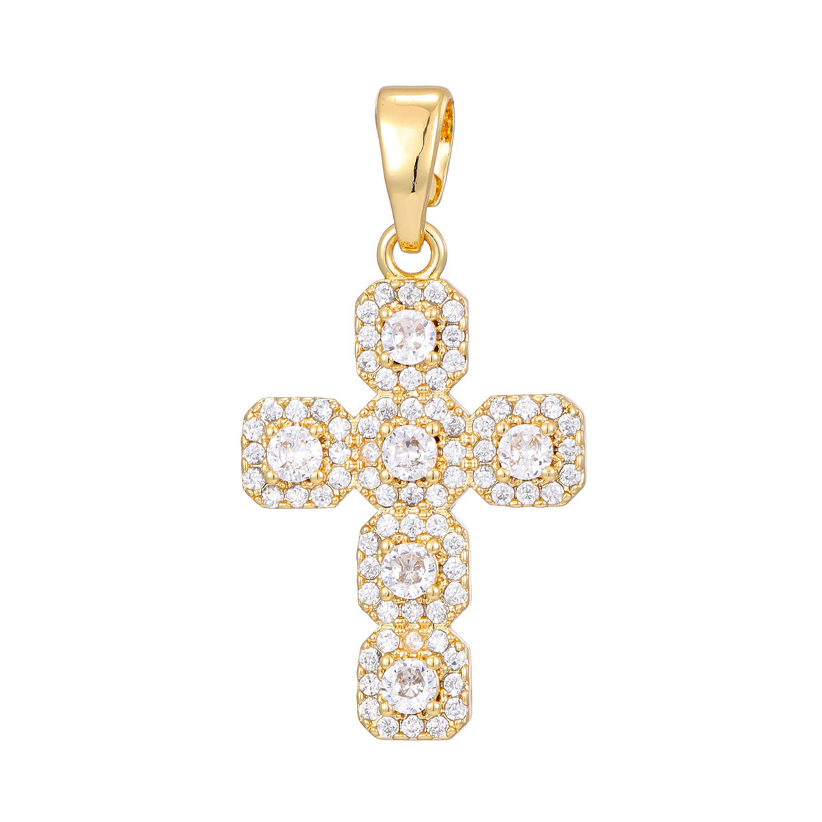Cross pendant set with purple cubic zirconia on a delicate plated chain, studio shot