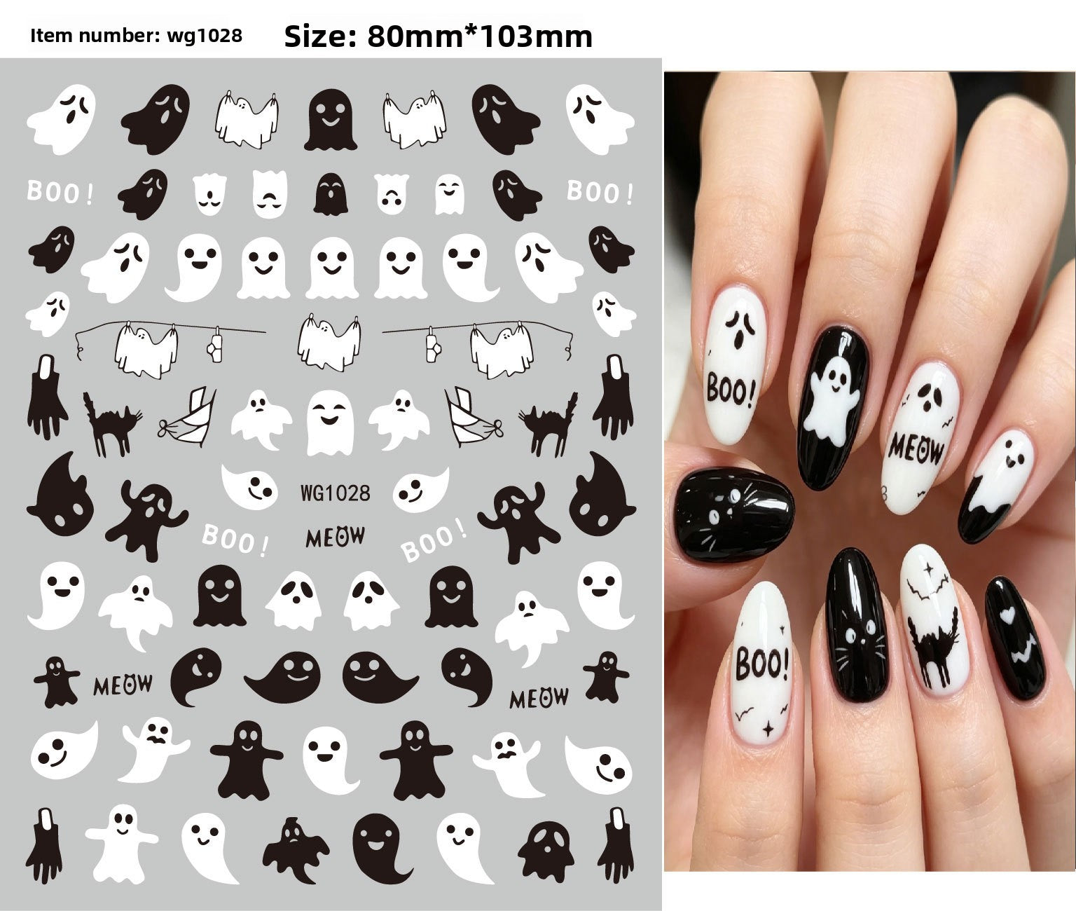Vinyl Halloween nail stickers featuring bats, spiders and cobweb motifs