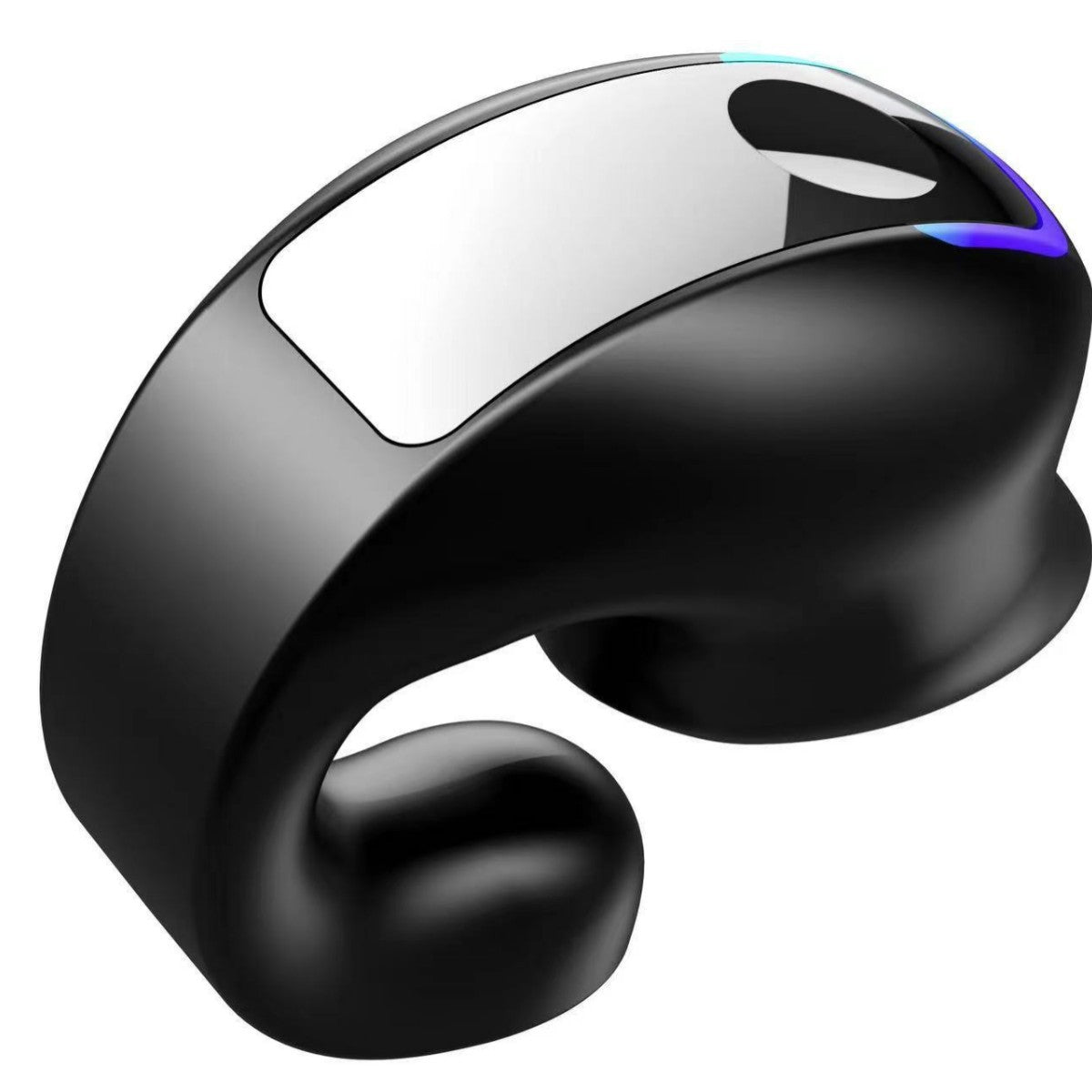 Close-up of a glossy black clip-on earphone with a green light rim and a mirrored panel