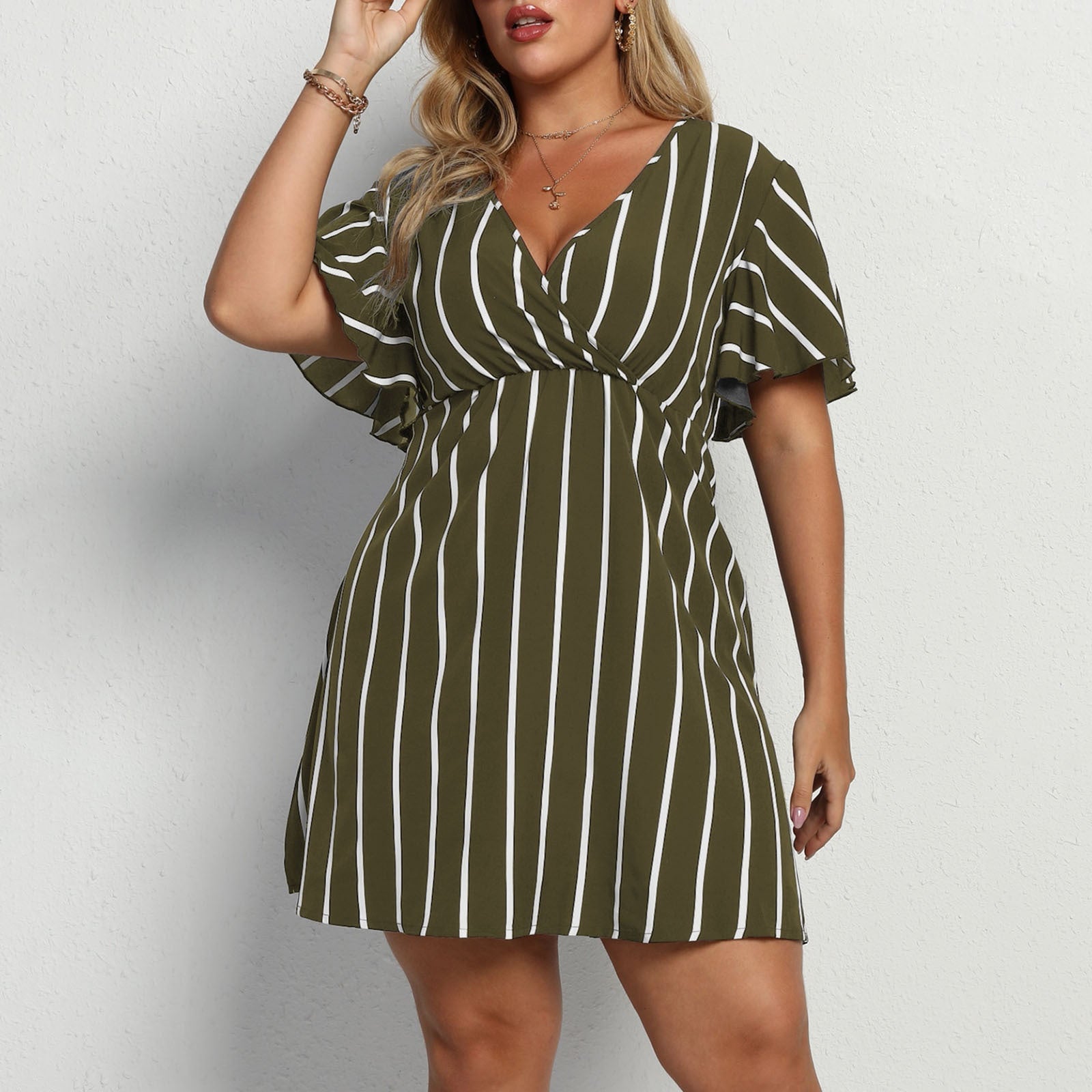 Army green and white striped surplice mini dress with flutter sleeves, Army Green option photo