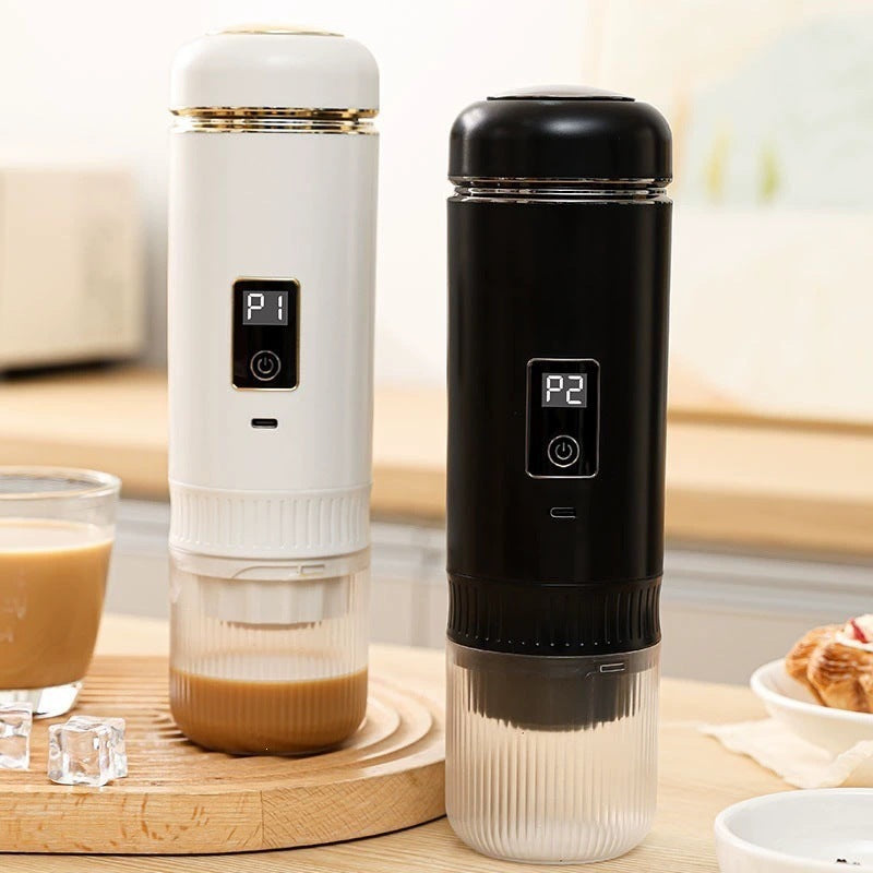 White and black portable espresso makers with digital screens shown side by side