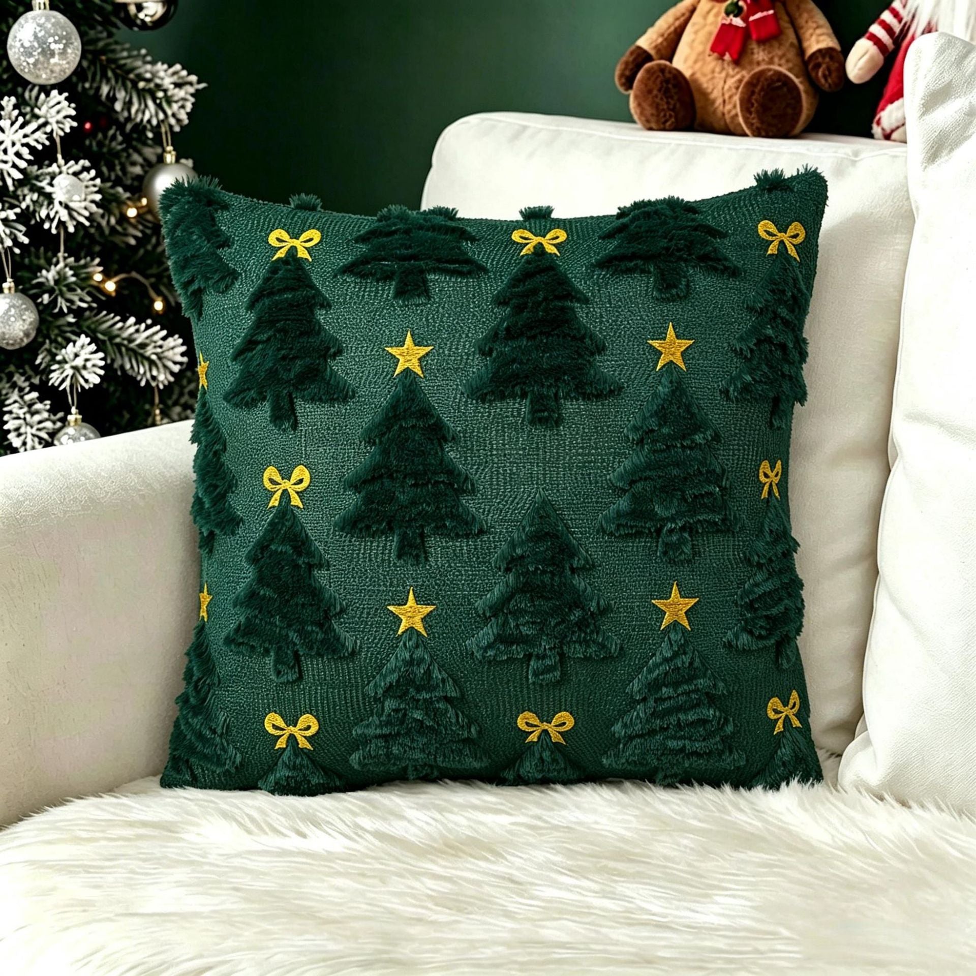 Plush carved cushion cover with red stars raised on a navy plush ground, view 42