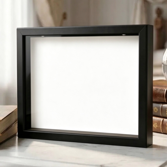 Empty black shadow box frame with a plain white backdrop on a marble shelf, the Default option without a display