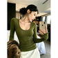 Olive green long sleeve scoop neck knit top, photo used for the Green S option