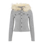 Flat lay of the gray snap button cropped jacket with a cream plush fur collar and chest flap pockets