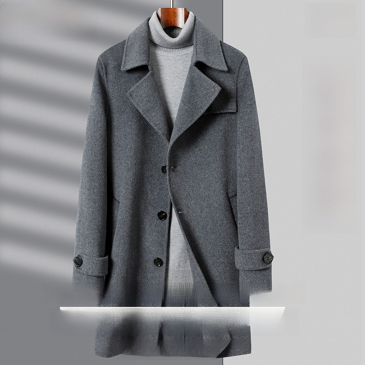 Gray wool coat with notch lapel and three buttons over a gray turtleneck, Gray 2XL 185cm option photo