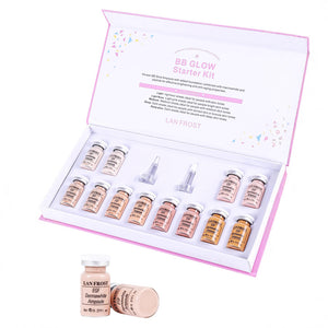 Lan Frost BB Glow kit with a single 8 ml tinted foundation ampoule shown in front of the pink box