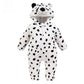 White flannel romper with black spots and a snow leopard hood, front view on white, size 80