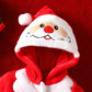Close up of the stitched Santa face with red nose on the hood of the red fleece baby jumpsuit