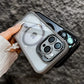 Magnetic protective translucent phone case with a fold out camera stand compatible with iPhone