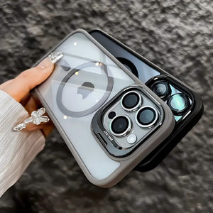 Magnetic protective translucent phone case with a fold out camera stand compatible with iPhone