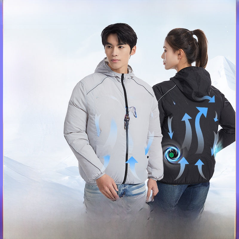 Back view of black fan cooling jacket with the built-in rear cooling fan