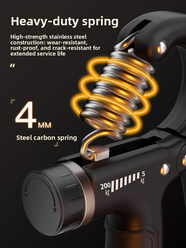 Adjustable grip strength trainer with a steel spring and anti slip textured handles