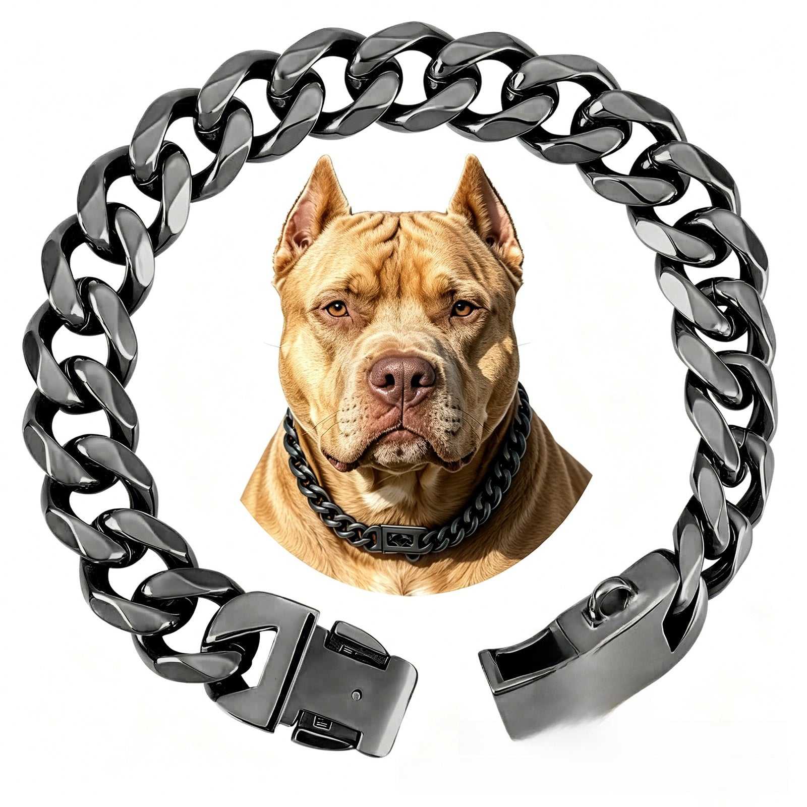 Snap lock buckle and rounded Cuban links on a polished stainless steel dog collar