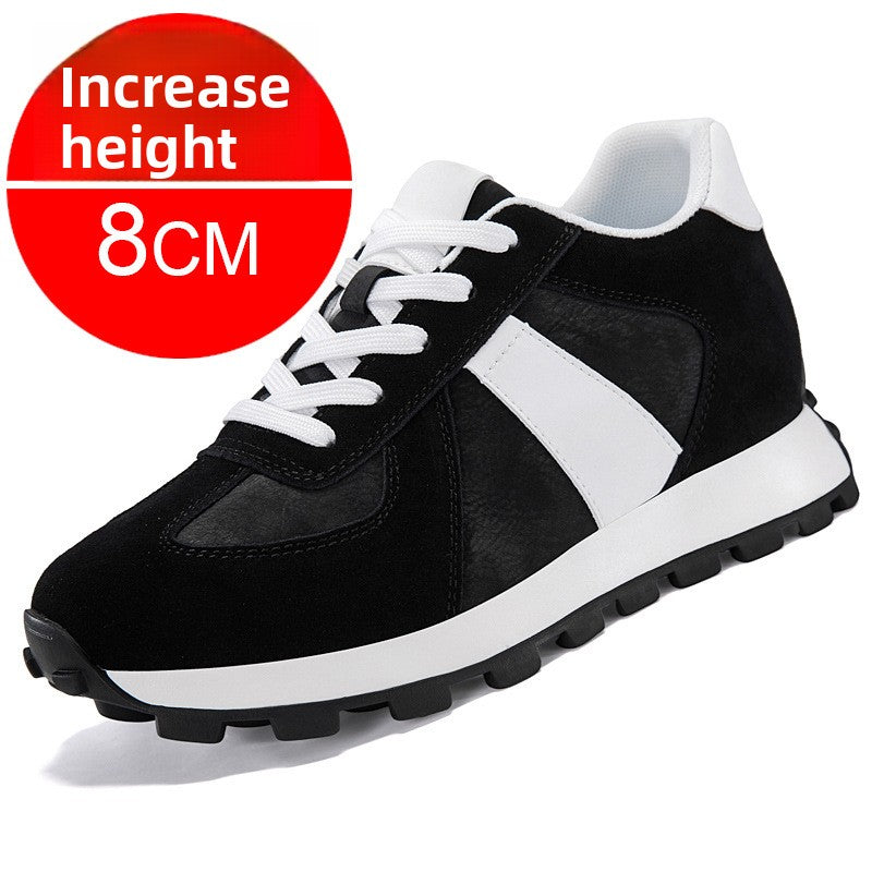 Black suede low top lace up sneaker with a white stripe, 8 cm inner lift option, size 40