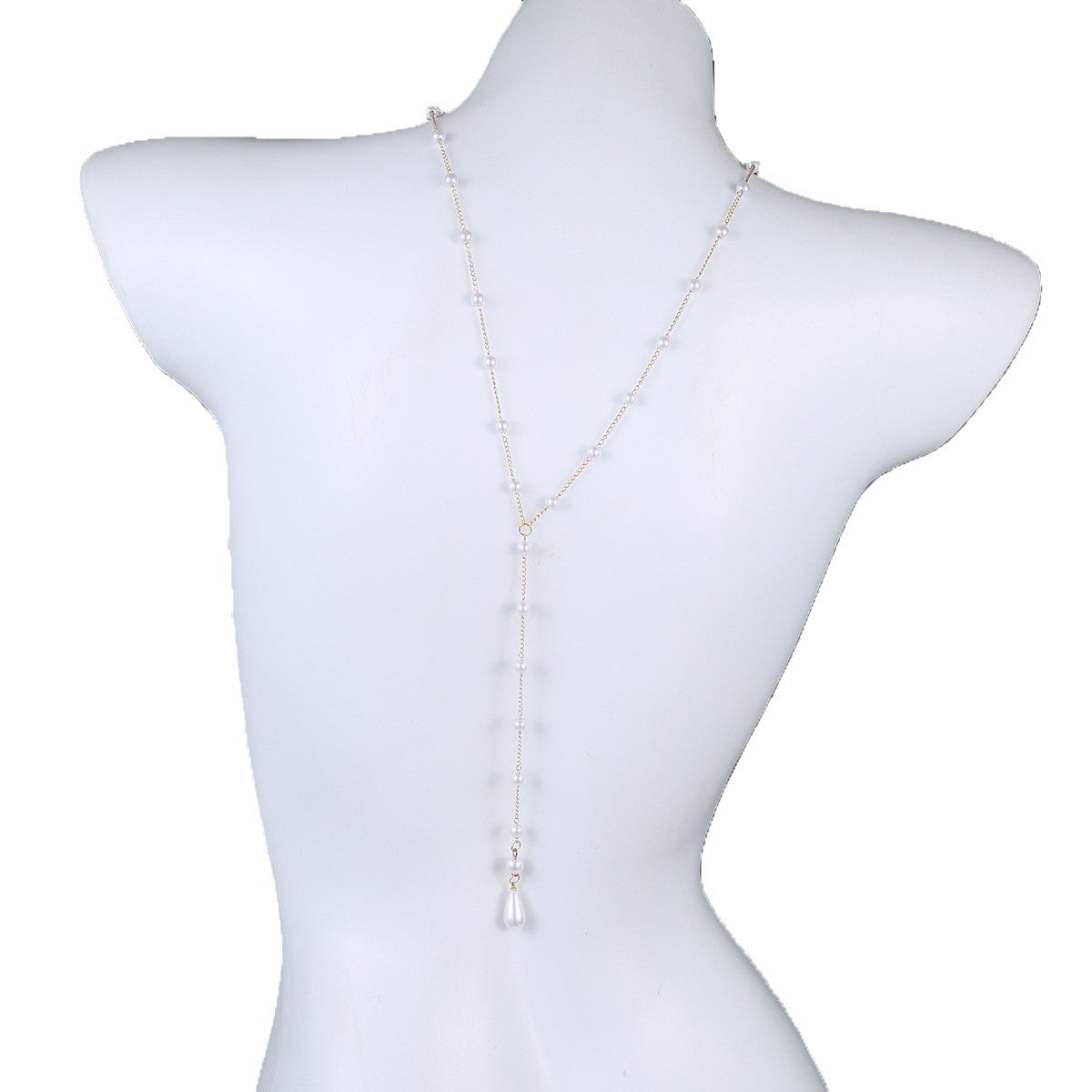 White bust form displaying the faux pearl lariat with a single Y strand dropping down the back