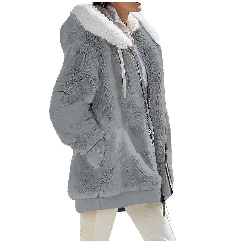 Women's loose plush hooded zip jacket with a contrast lined drawstring hood and two zip pockets