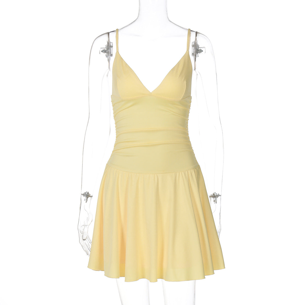Yellow V-neck mini dress on a clear mannequin showing the fitted bodice