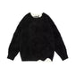 Black whale jacquard knit sweater with white inner collar and wavy hem, flat view, size XL option
