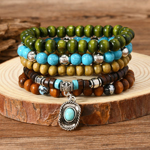 Bohemian coconut shell wood and turquoise bracelet set of five