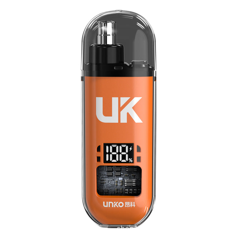 Orange nose hair trimmer of the second model, with a window over the internal board