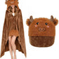 Hooded animal cape blanket draped like a cloak with plush hood and snap button front