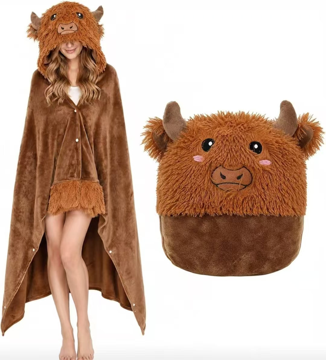 Hooded animal cape blanket draped like a cloak with plush hood and snap button front