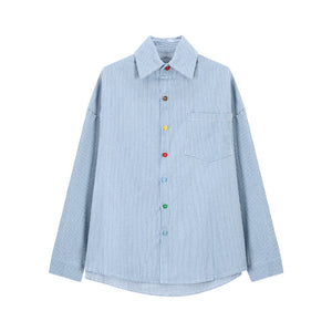 Blue pinstripe long sleeve button shirt with colorful buttons, front flat view