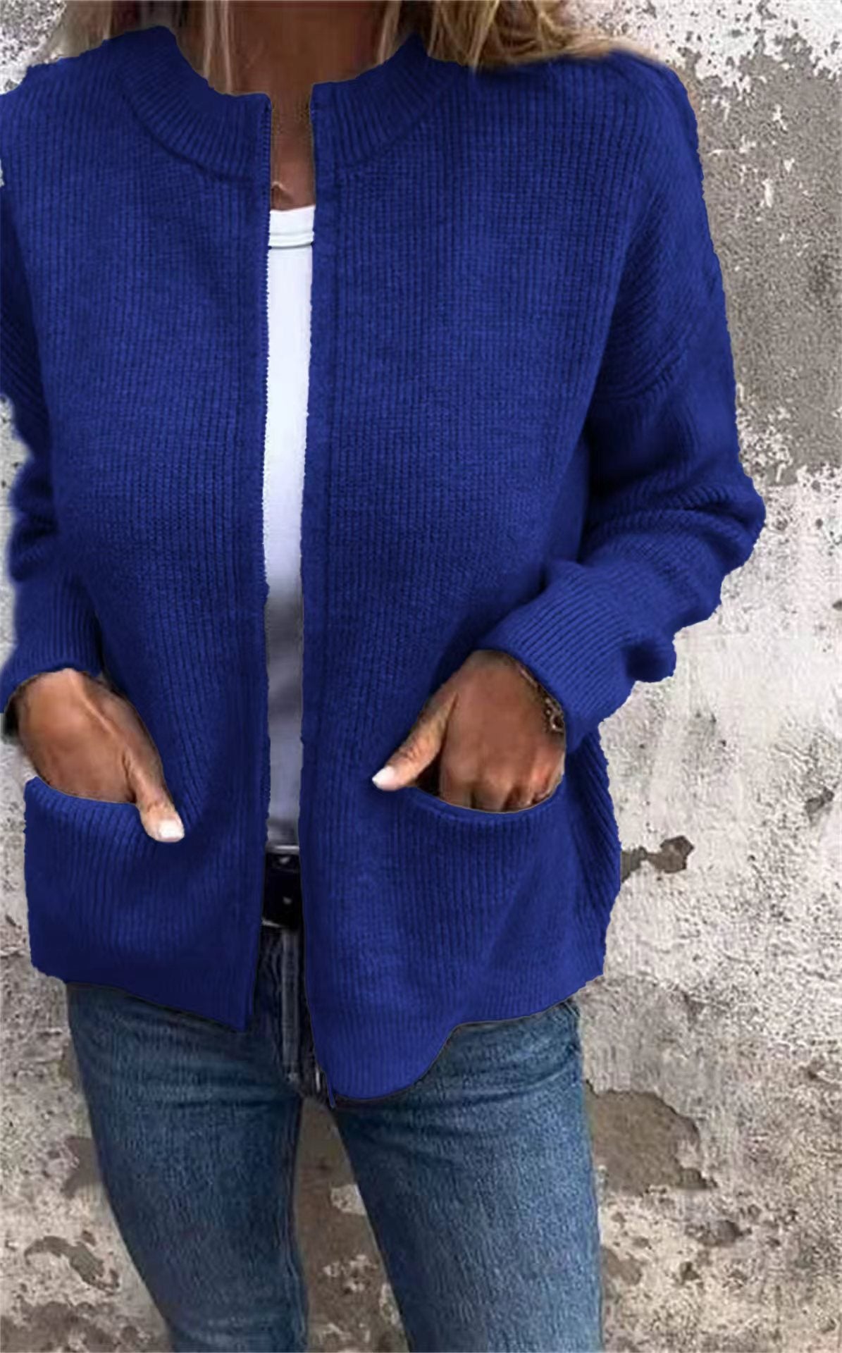 Blue zip-front knit cardigan with two patch pockets, size L