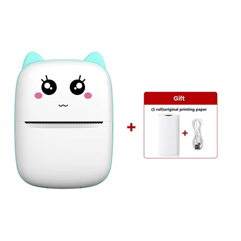 Teal cat ear thermal printer with a cat face beside a gift box holding a paper roll and cable, X1 blue option