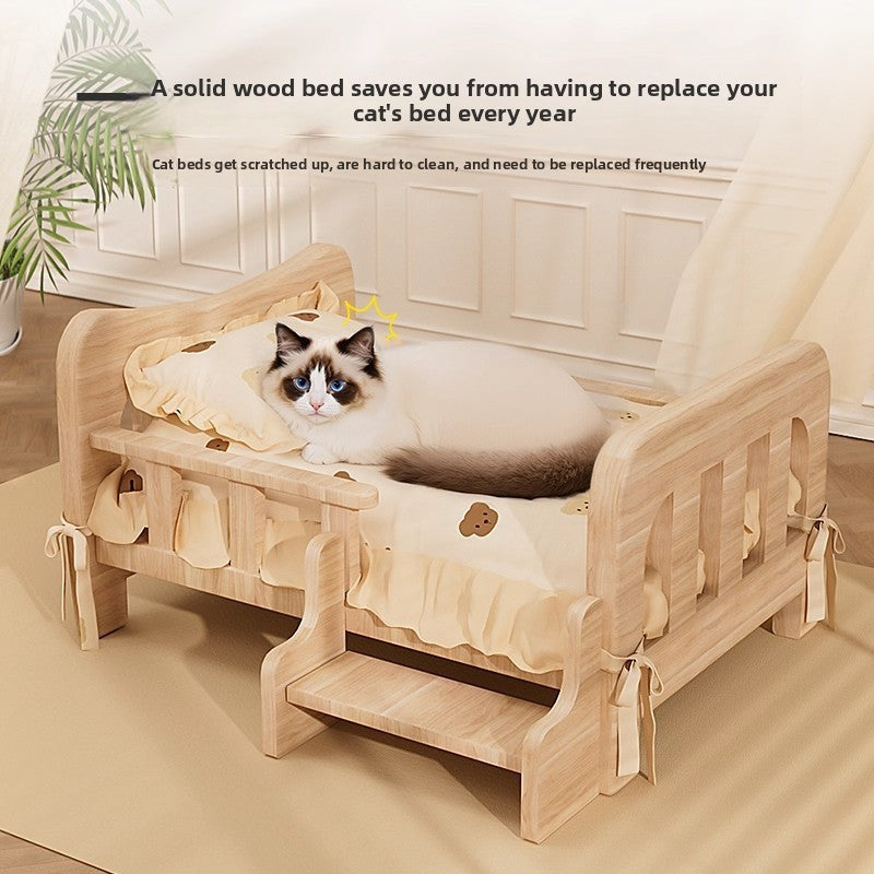 Cat resting on the raised solid wood pet bed in a living room, front three quarter view