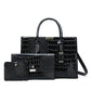 Black glossy croc pattern handbag set with flap clutch and card wallet, two top handles and shoulder strap