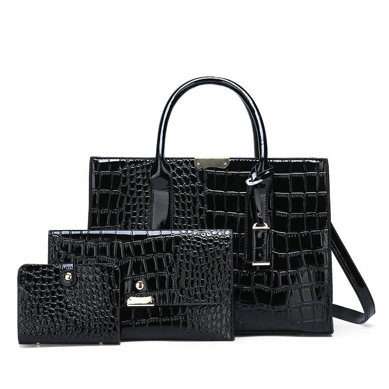 Black glossy croc pattern handbag set with flap clutch and card wallet, two top handles and shoulder strap
