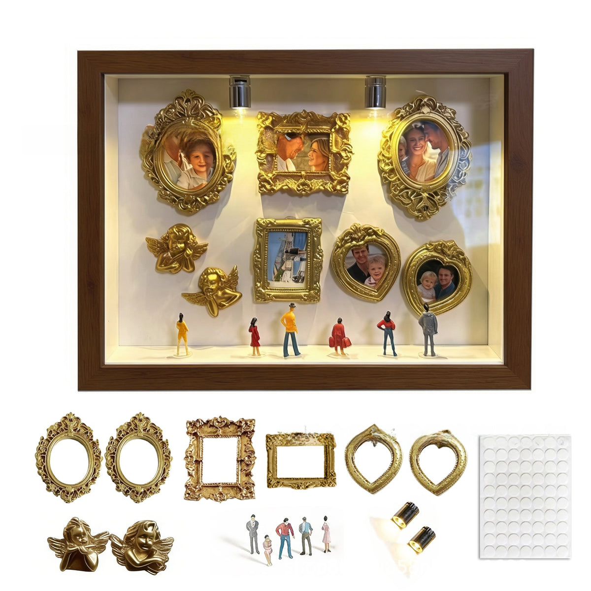 Coffee wood shadow box with six gold mini photo frames, two cherubs and figurines above the loose pieces