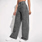 Side profile of straight leg jeans showing clean line from hip to ankle