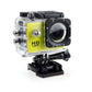 Yellow action camera in a clear case clipped onto a mount bracket