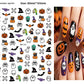 Self adhesive vinyl nail decals with grinning skull and pumpkin art