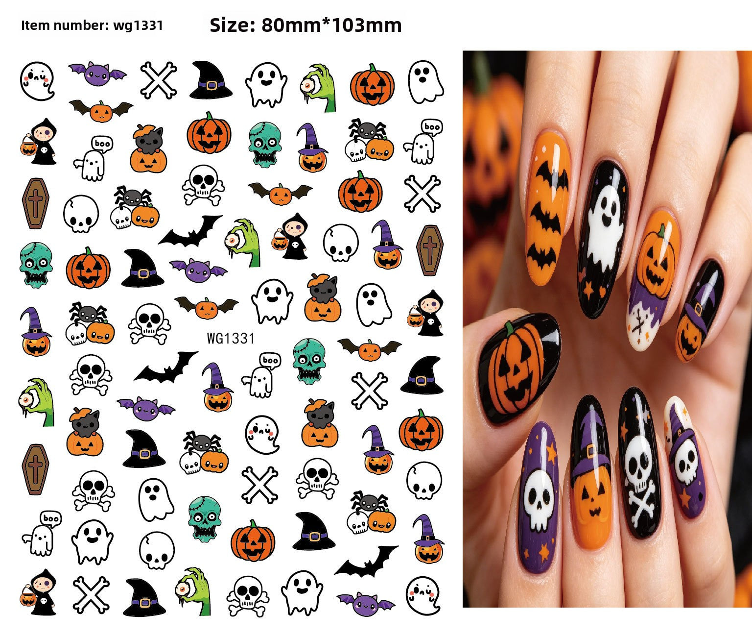 Self adhesive vinyl nail decals with grinning skull and pumpkin art