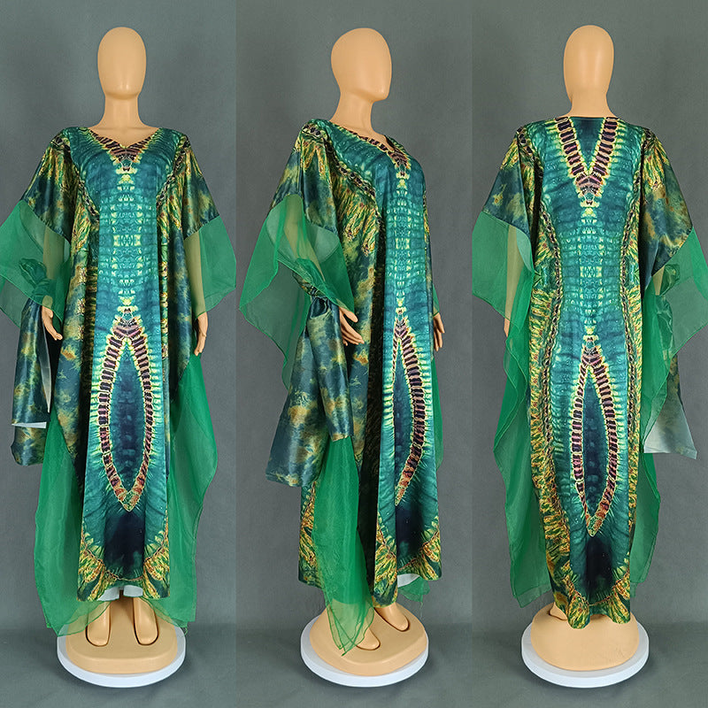Green ground African print kaftan with sheer mesh oversleeves, Color 3 green option photo