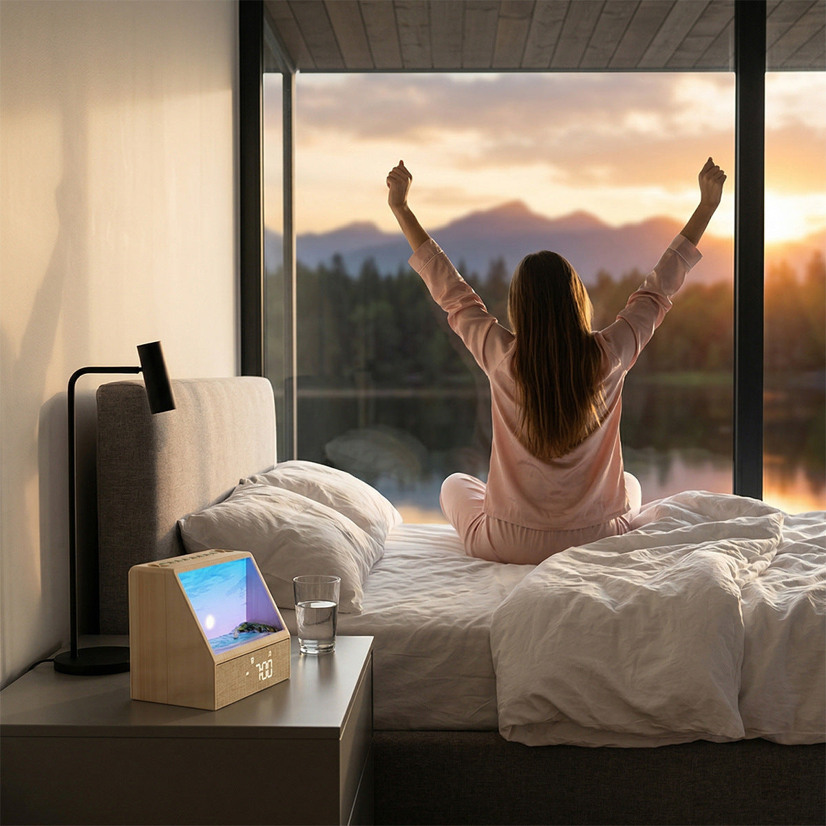 Close view of the digital time display on the woven base of the sunrise wake up light clock