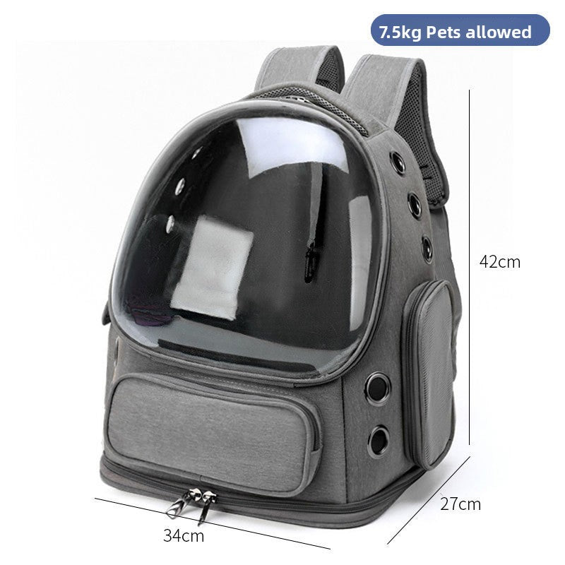 Gray pet carrier backpack with clear dome and size lines of 34 by 27 by 42 cm and a 7.5 kg label