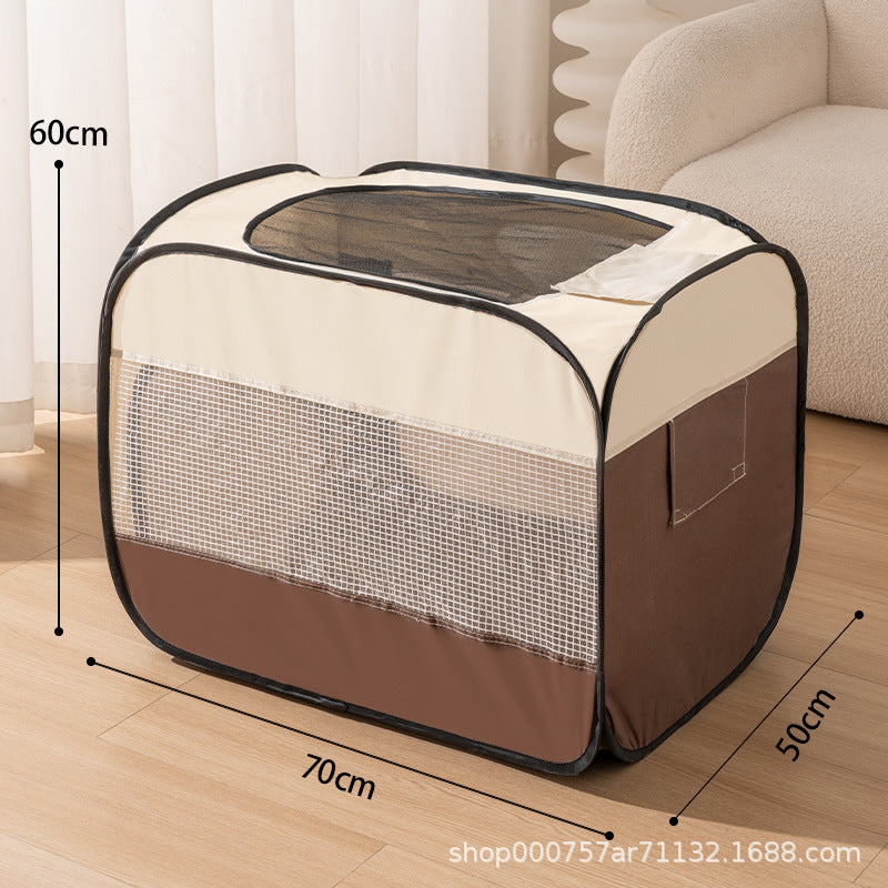 Brown pet drying box marked seventy by fifty by sixty centimeters in size